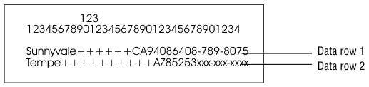 begin figure description - This figure shows two data rows containing city, state, zip code, and phone information that is described in the text and table below the figure. end figure description